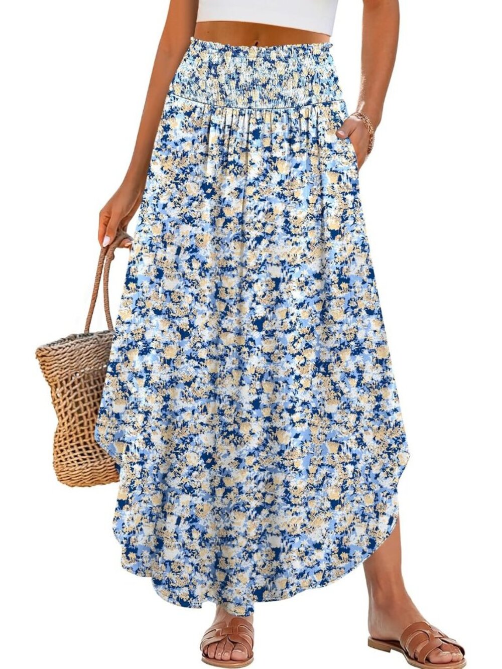 Women's Light Blue Boho Floral High Waisted Smocked Flowy Pocket Maxi Skirt